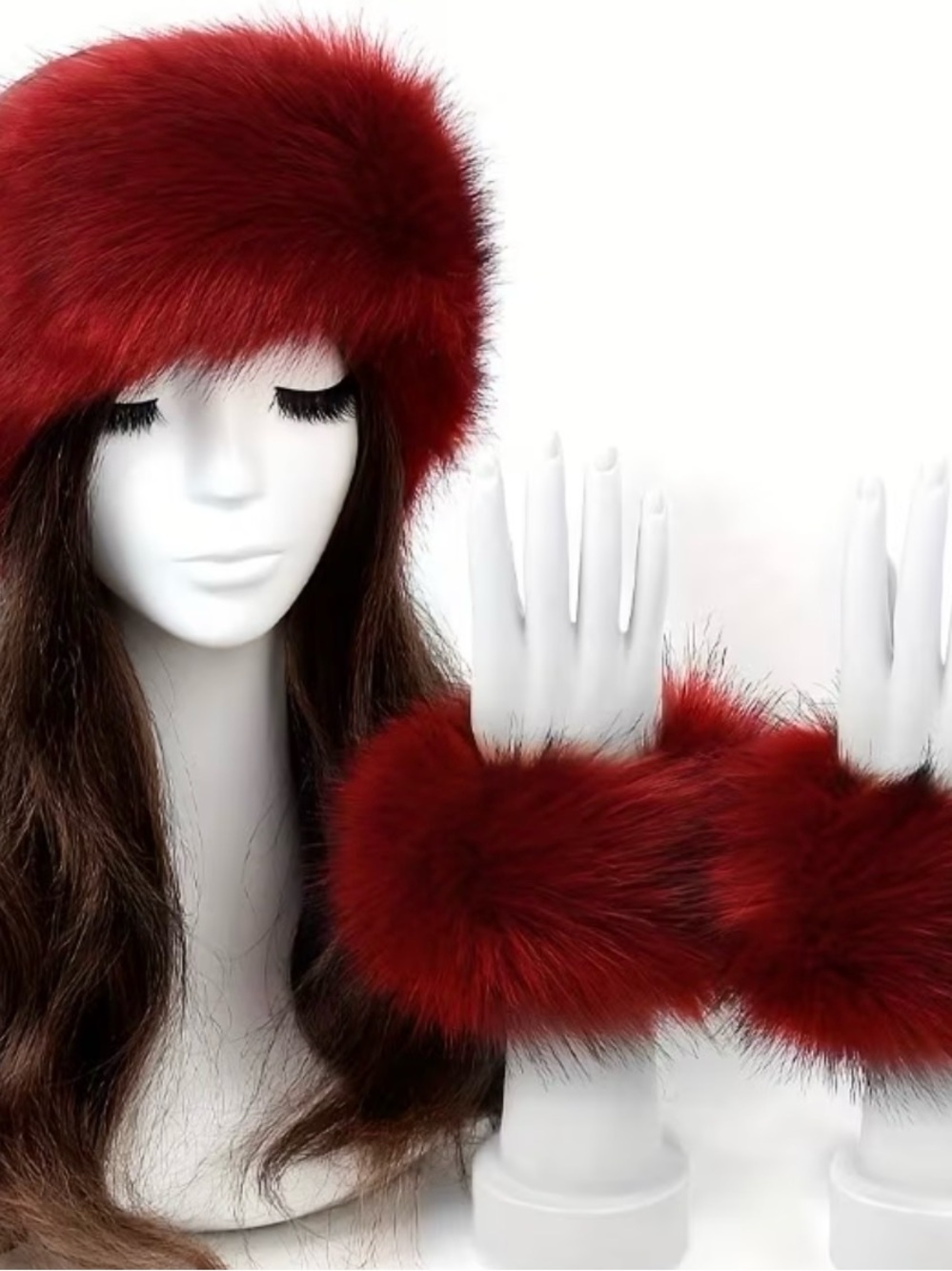 Plush Red Faux Fur Headband with Matching Wrist Cuffs
